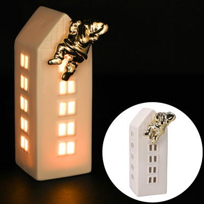 Domek z ceramiki z Mikołajem, 16,5cm podświetlany LED, biały, złoty
