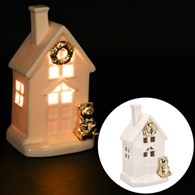 Domek z ceramiki z misiem, podświetlany LED, 15cm, biały, złoty