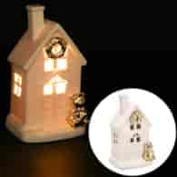 Domek z ceramiki z misiem, podświetlany LED, 15cm, biały, złoty