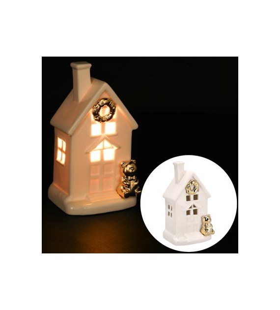Domek z ceramiki z misiem, podświetlany LED, 15cm, biały, złoty