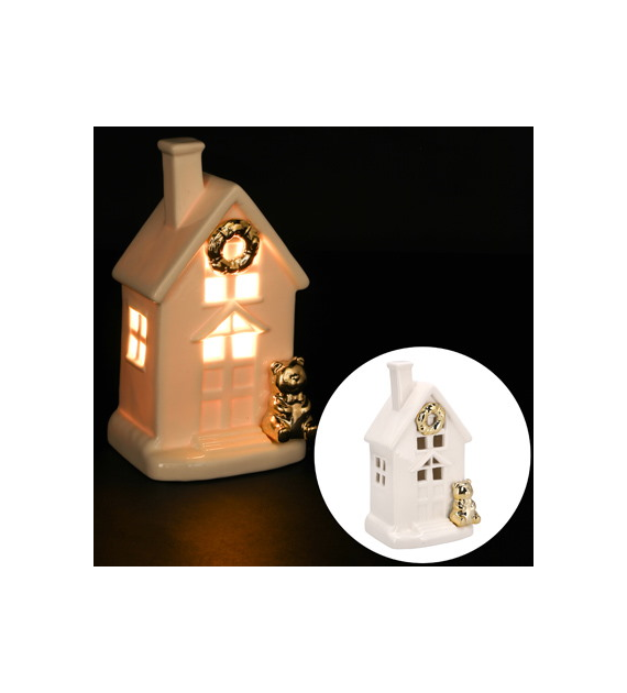Domek z ceramiki z misiem, podświetlany LED, 15cm, biały, złoty
