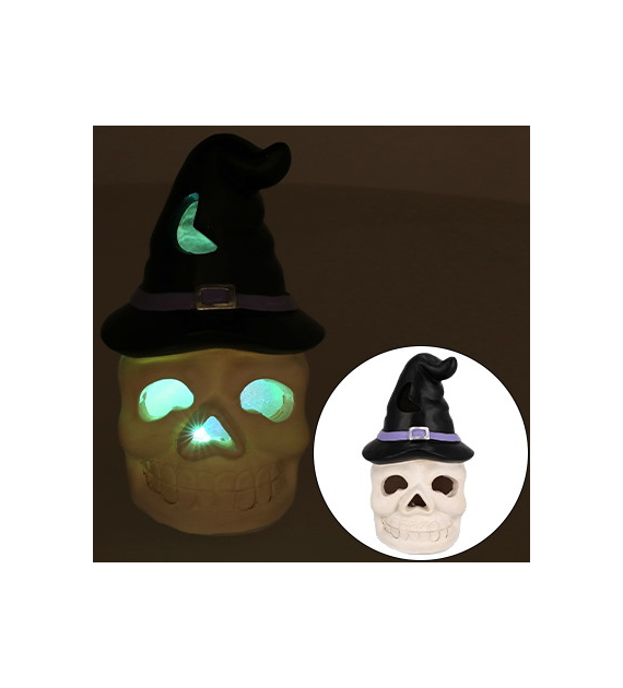 Czaszka ceramiczna z kapeluszem LED, wys.12,5cm, biały