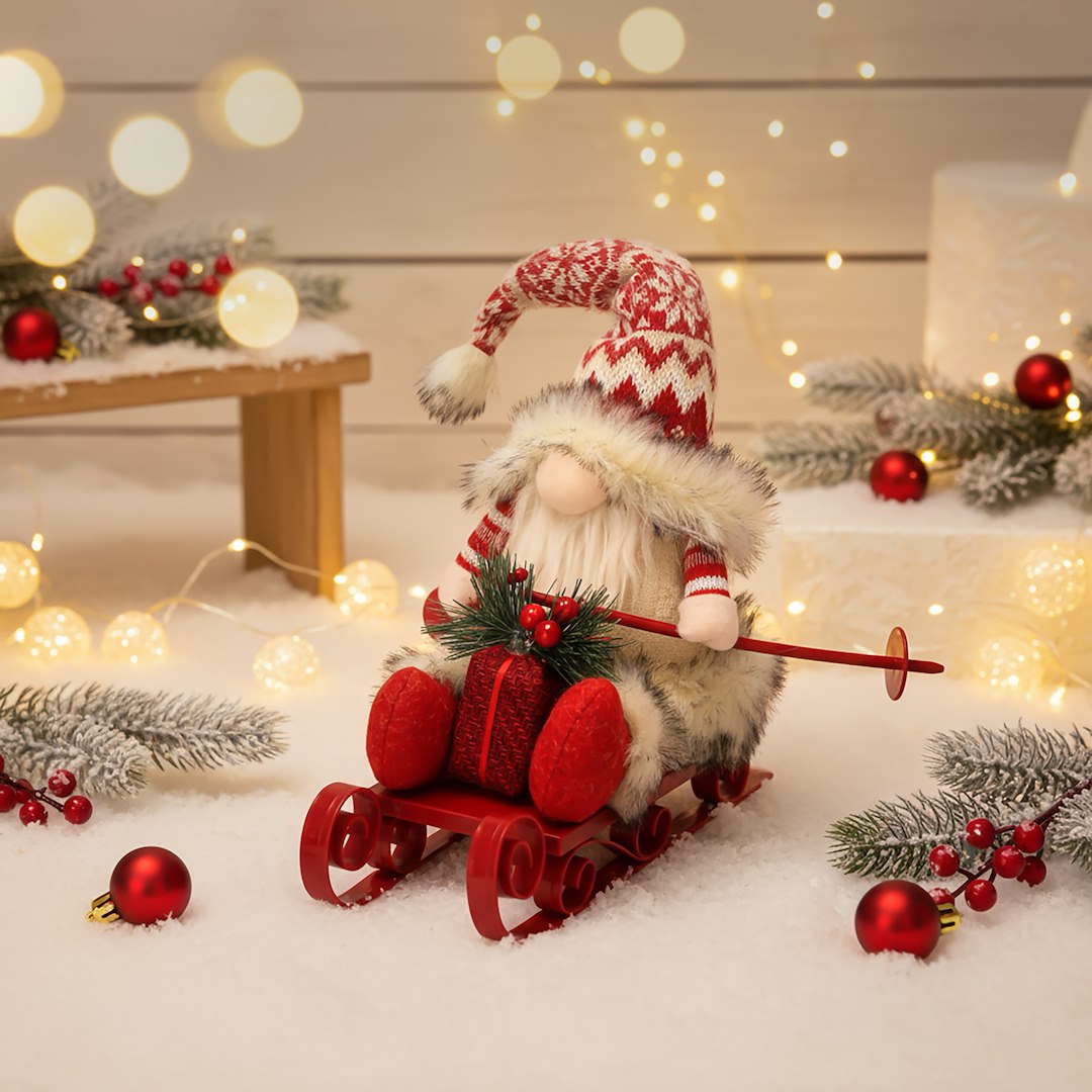 Skrzat Z Materiału Na Nartach, Podświetlany LED, 41cm, Biały, Czerwony