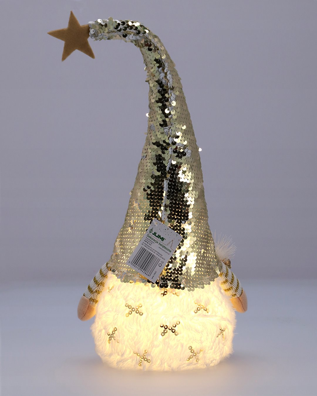 Skrzat Z Cekinowa Czapką, Podświetlany LED, 48 cm, Biały, Złoty