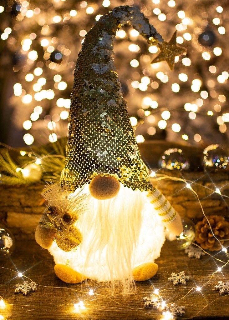 Skrzat Z Cekinowa Czapką, Podświetlany LED, 48 cm, Biały, Złoty
