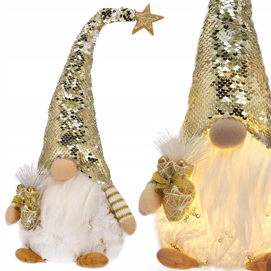 Skrzat Z Cekinowa Czapką, Podświetlany LED, 48 cm, Biały, Złoty