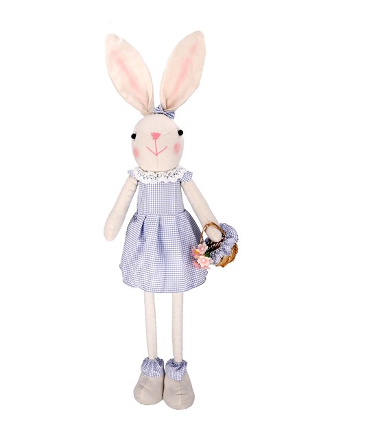 Zając dziewczynka w niebieskiej sukience, na teleskopowych nogach