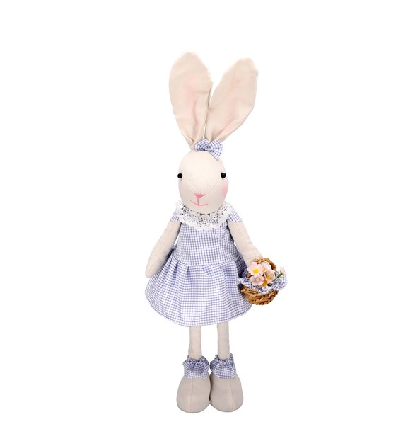 Zając dziewczynka w niebieskiej sukience, na teleskopowych nogach