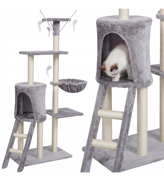 Drapak dla kota, domek, półeczki, 136x55x36cm, szary, biały