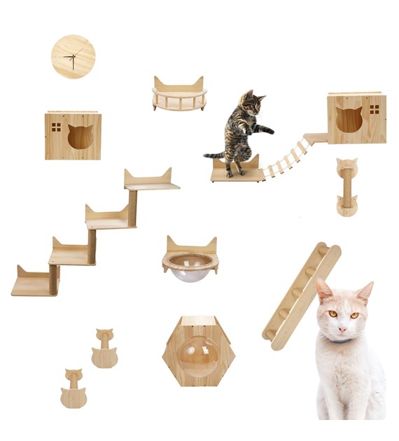 Plac zabaw dla kota drewniany, do montażu ściennego, 13 elementów