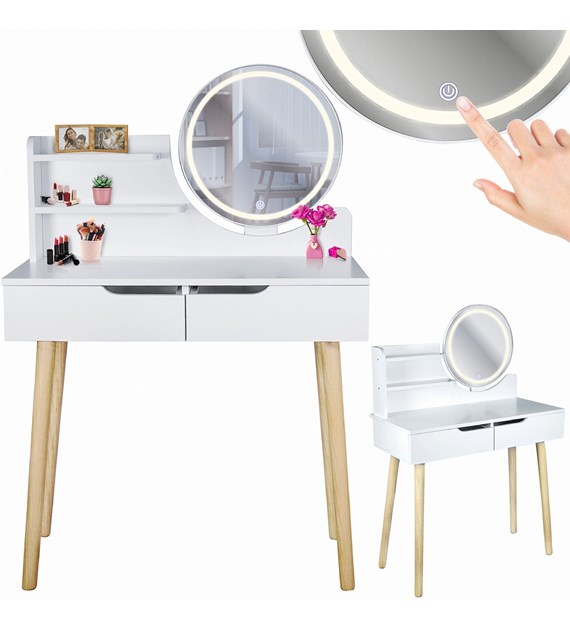 Toaletka Scandi 2 z okrągłym lustrem LED 40cm, 125x80x40cm