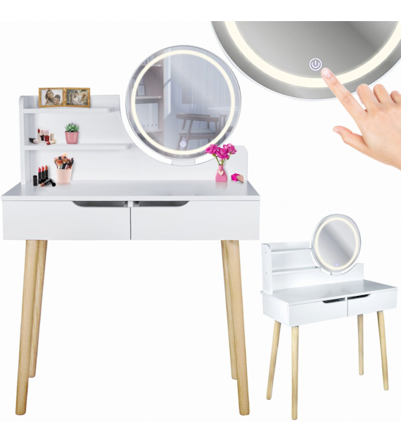 Toaletka Scandi 2 z okrągłym lustrem LED 40cm, 125x80x40cm