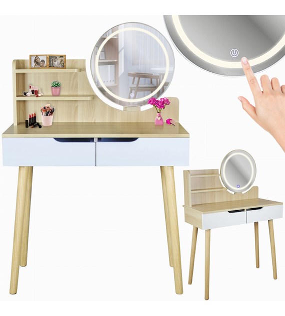 Toaletka Scandi 2 z okrągłym lustrem LED 40cm, 125x80x40cm