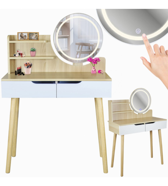 Toaletka Scandi 2 z okrągłym lustrem LED 40cm, 125x80x40cm
