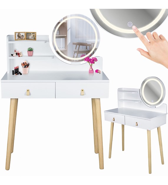 Toaletka Scandi 3 z okrągłym lustrem LED 40cm, 125x80x40cm