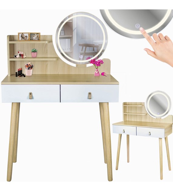 Toaletka Scandi 3 z okrągłym lustrem LED 40cm, 125x80x40cm