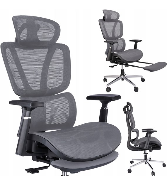 Fotel biurowy Neova, podstawa czarna, z podnóżkiem, kolor szary