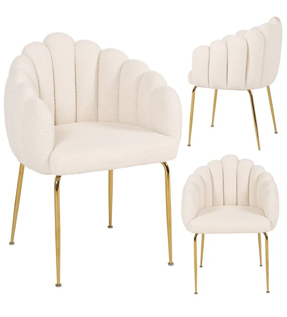 Krzesło FOGIA, siedzisko boucle białe, podstawa metalowa złota