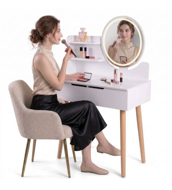 Toaletka Scandi 2 z okrągłym lustrem LED 40cm, 125x80x40cm