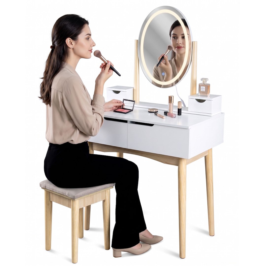Toaletka Z Taboretem I Owalnym Lustrem LED 39x50cm, 140x80x40cm