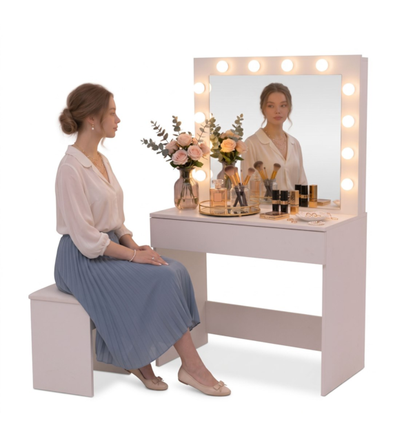 Toaletka z lustrem LED, płyta laminowana, 140,5x41,5x80cm, biała
