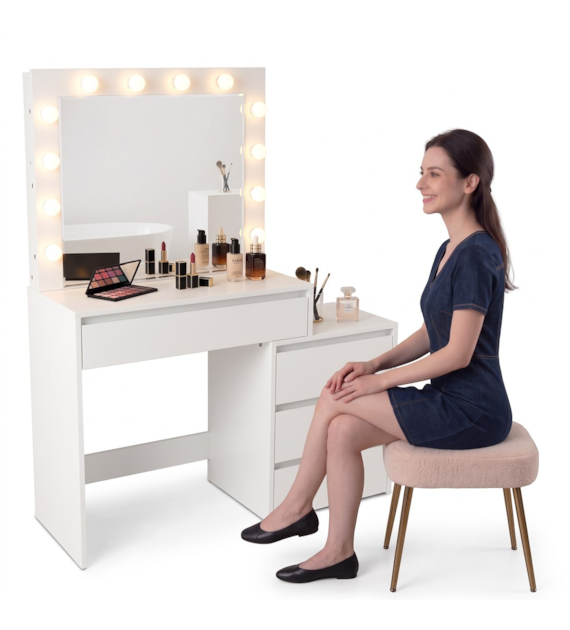 Toaletka z lustrem LED, płyta laminowana, 145x35x115cm, biała