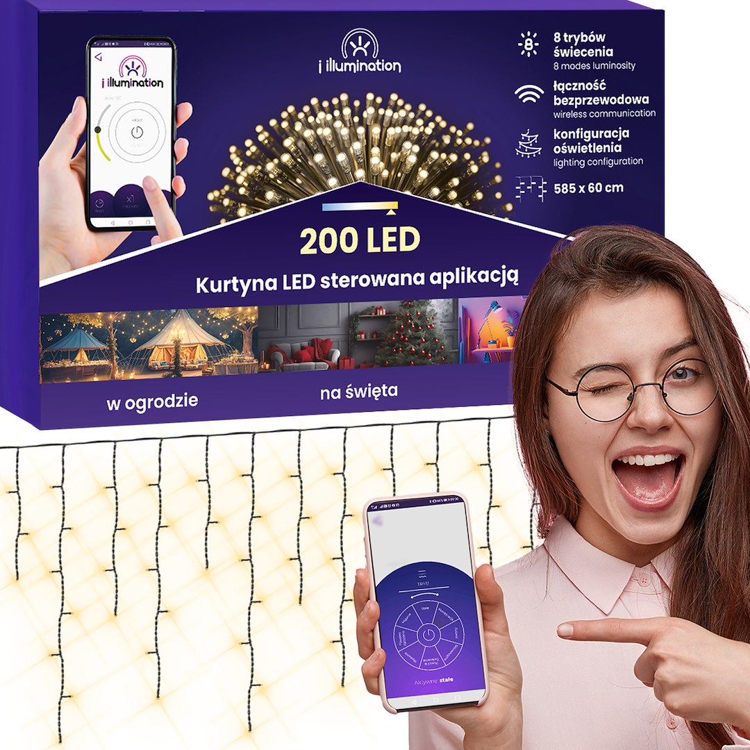 Kurtyna Sople I Illumination, 200 LED, 300cm, Ciepły Biały, Sieciowa