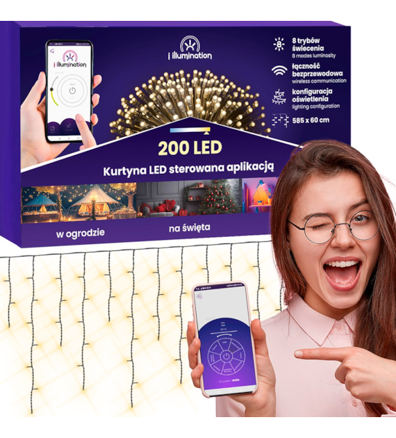Kurtyna sople i illumination, 200 LED, 300cm, ciepły biały, sieciowa, zew.