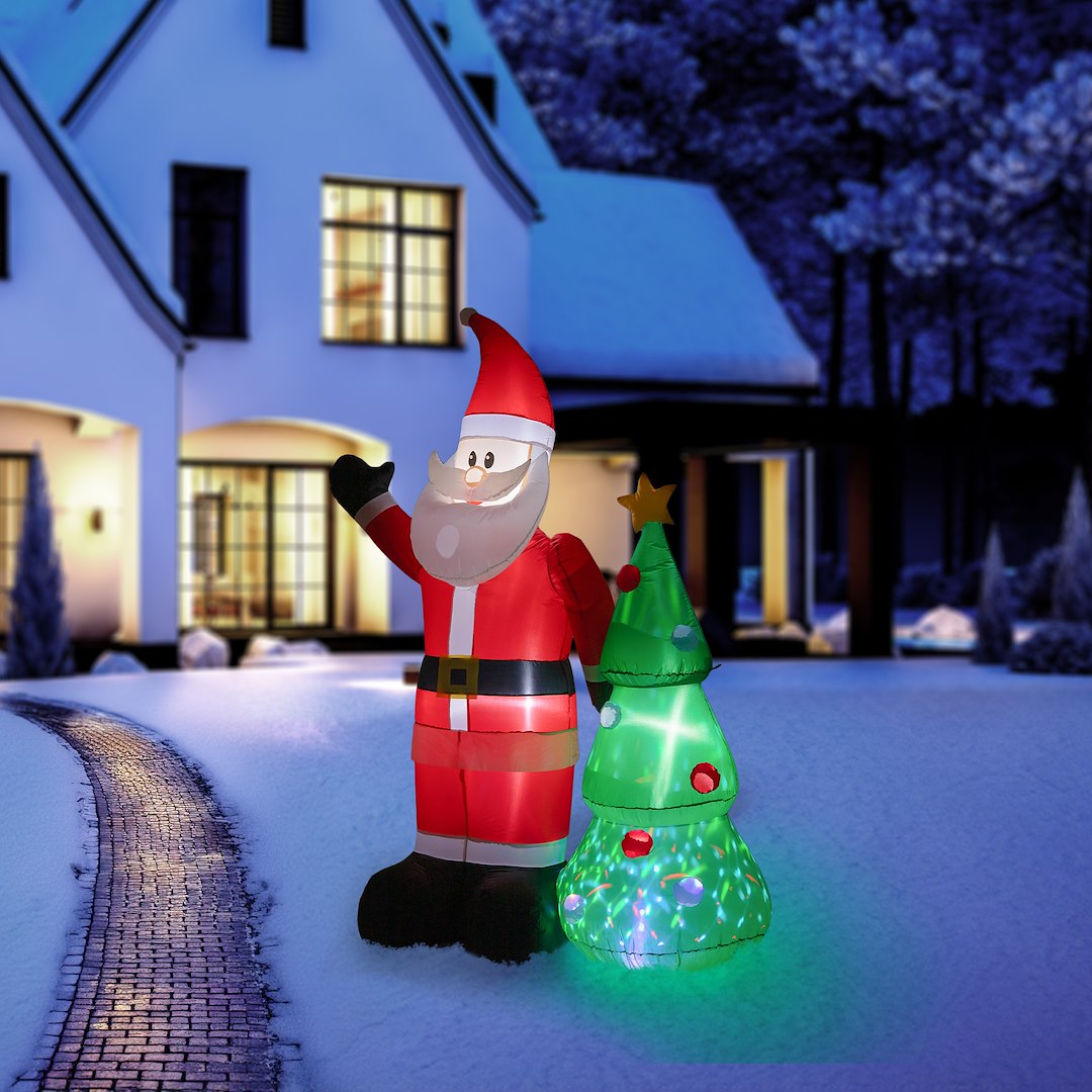 Dmuchany Mikołaj Z Choinką 210cm, 3LED Białe, 1LED RGB Ruchomy