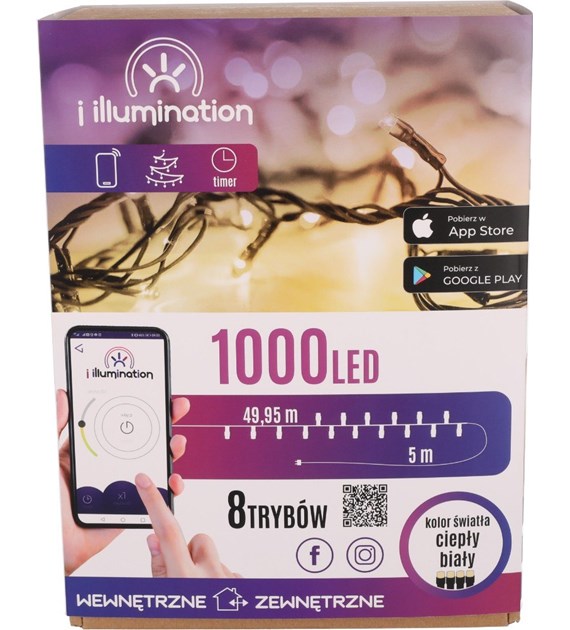 i illumination (SMART) Lampki 1000 LED, ciepły biały, sieciowa, zew.