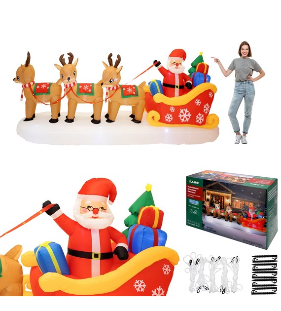 Dmuchany Mikołaj w saniach z reniferami 144x91x390cm, zew.