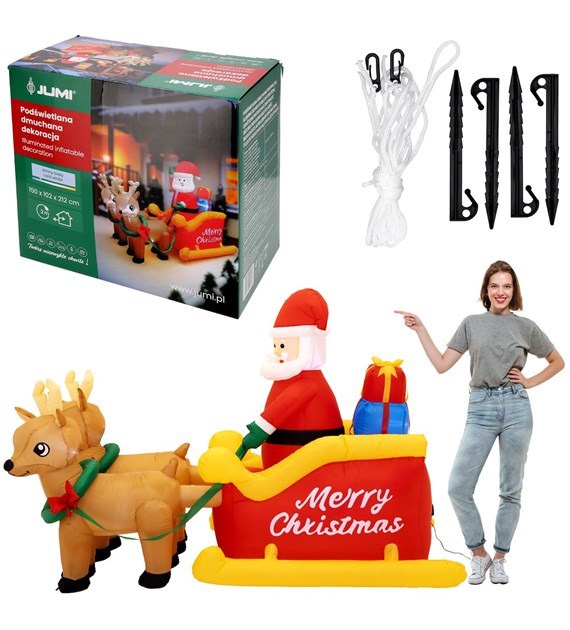 Dmuchany Mikołaj w saniach z reniferami 150x102x212cm,zew.