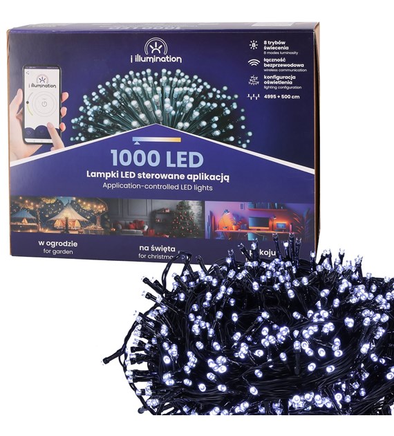i illumination (SMART) Lampki 1000 LED, zimny biały, sieciowa, zew.