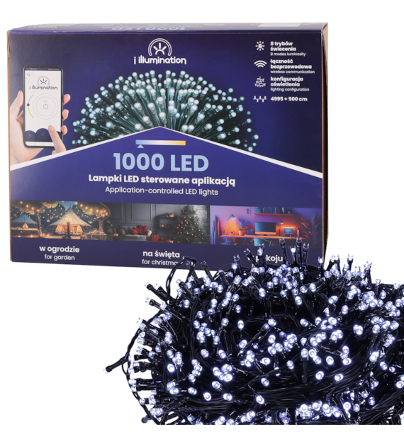 i illumination (SMART) Lampki 1000 LED, zimny biały, sieciowa, zew.