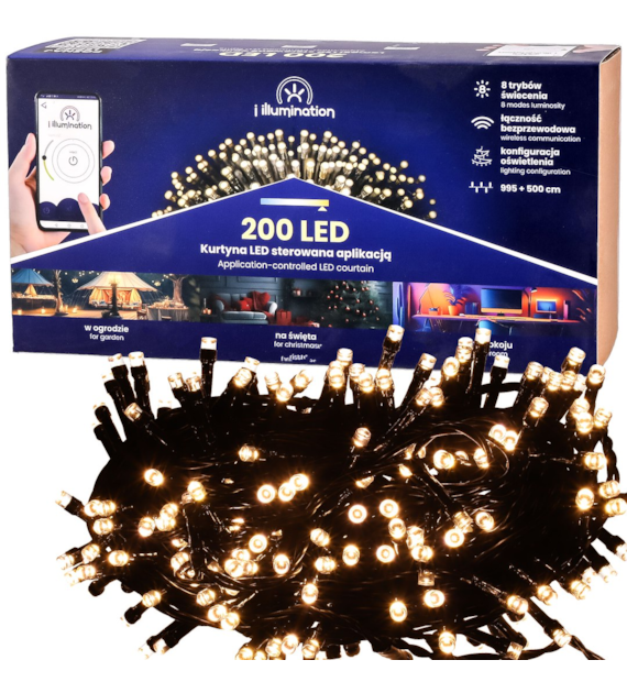 i illumination (SMART) Lampki 200 LED, ciepły biały, sieciowa, zew.