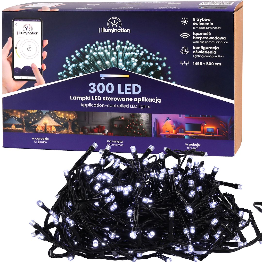 I Illumination (SMART) Lampki 300 LED, Zimny Biały, Sieciowa
