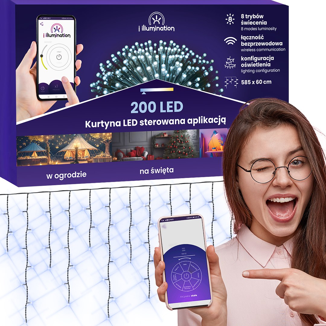 Kurtyna Sople I Illumination, 200 LED, 300cm, Zimny Biały, Sieciowa