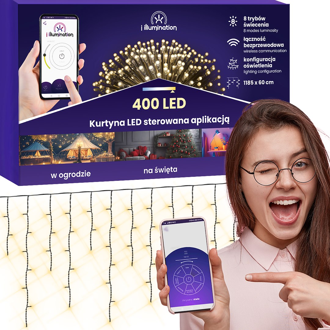Kurtyna Sople I Illumination, 400 LED, 300cm, Ciepły Biały, Sieciowa