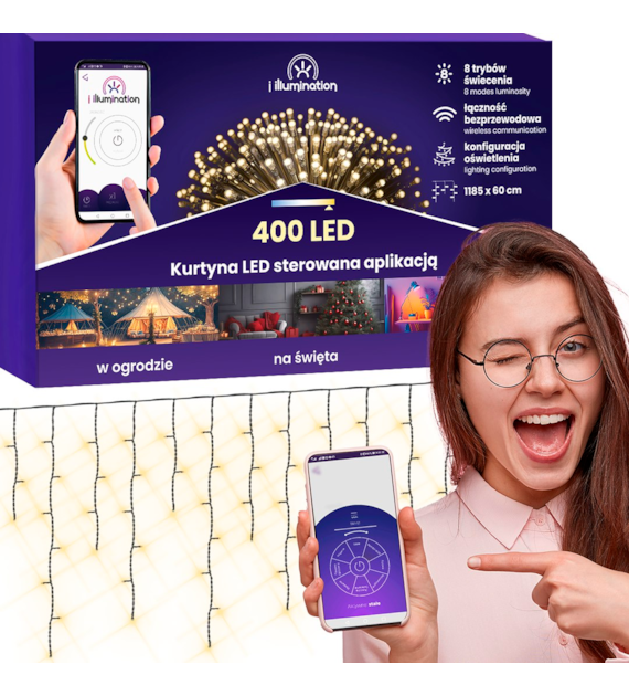 Kurtyna sople i illumination, 400 LED, 300cm, ciepły biały, sieciowa, zew.