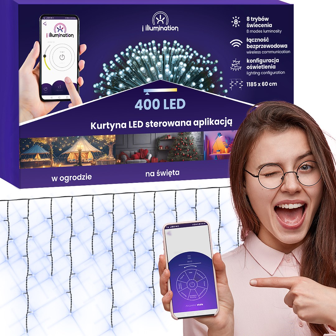 Kurtyna Sople I Illumination, 400 LED, 300cm, Zimny Biały, Sieciowa