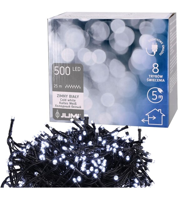 Lampki 500 LED, 8 funkcji, zimny biały, dodatkowe gniazdo, sieciowe, zew.