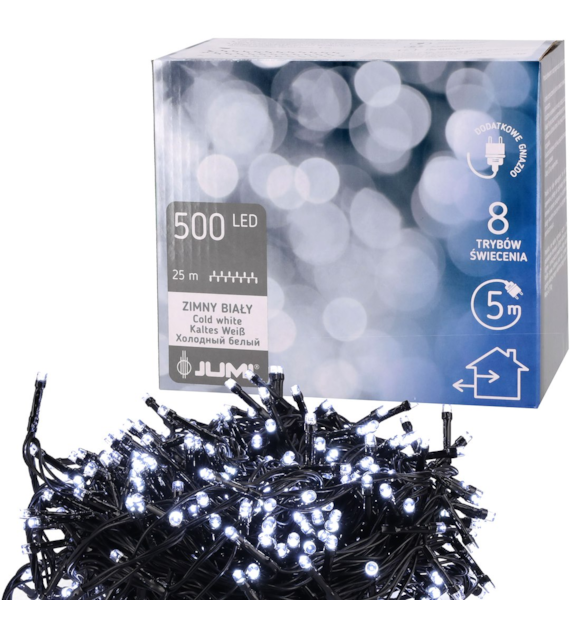 Lampki 500 LED, 8 funkcji, zimny biały, dodatkowe gniazdo, sieciowe, zew.