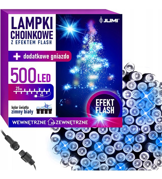 Lampki 500 LED, 8 funkcji, zimny biały + ciepły biały flash, zew.