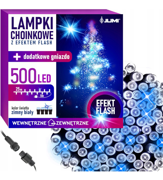 Lampki 500 LED, 8 funkcji, zimny biały + ciepły biały flash, zew.