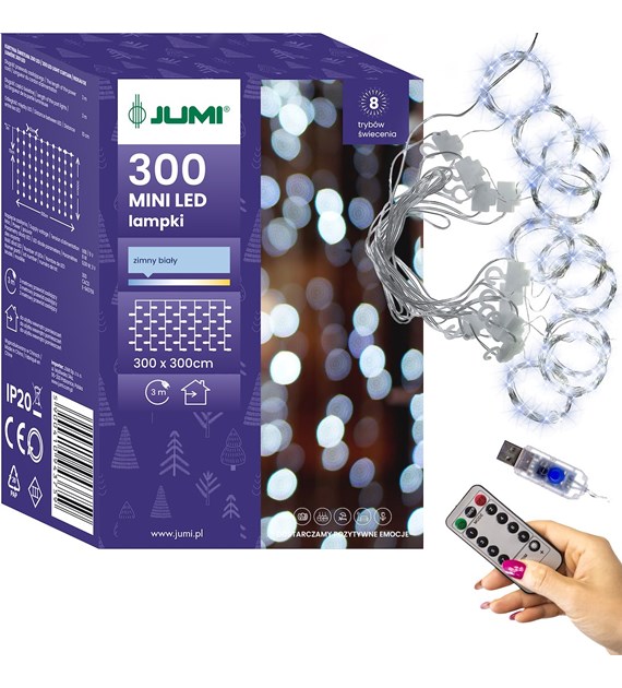 Kurtyna 300 mikro LED, 300x300cm, zimny biały, 8 funkcji, pilot, usb, wew.