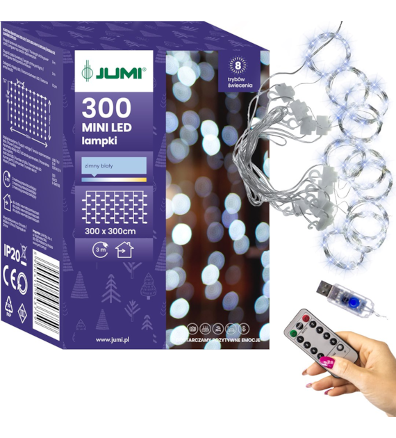 Kurtyna 300 mikro LED, 300x300cm, zimny biały, 8 funkcji, pilot, usb, wew.
