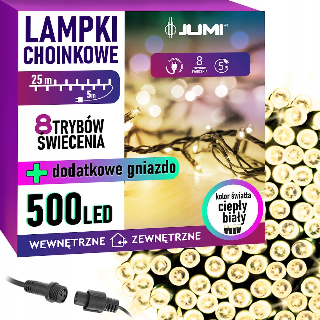 Lampki 500 LED, 8 Funkcji, Ciepły Biały, Dodatkowe Gniazdo, Sieciowe