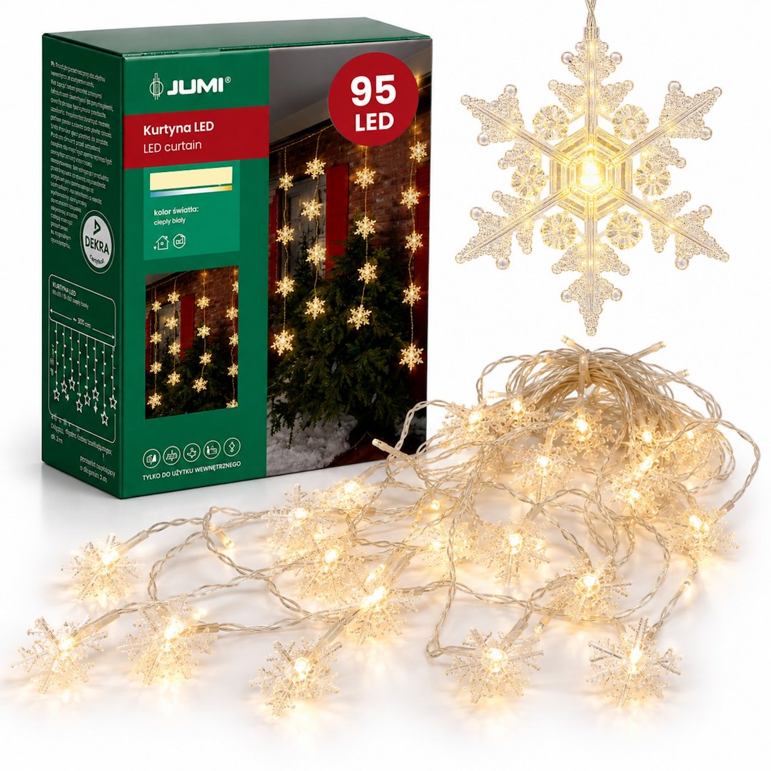 Kurtyna 95 LED Ze Śnieżynkami, 70x350, Ciepły Biały, Sieciowa