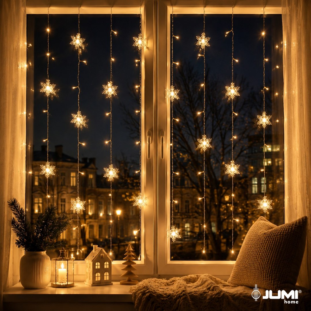 Kurtyna 95 LED Ze Śnieżynkami, 70x350, Ciepły Biały, Sieciowa