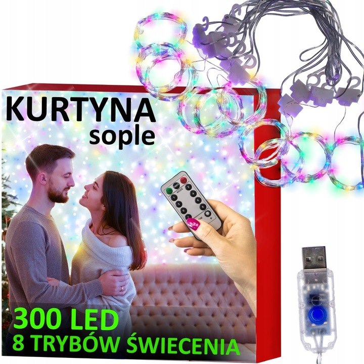 Kurtyna 300 Mikro LED, 300x300cm, Multikolor, 8 Funkcji, Pilot, USB
